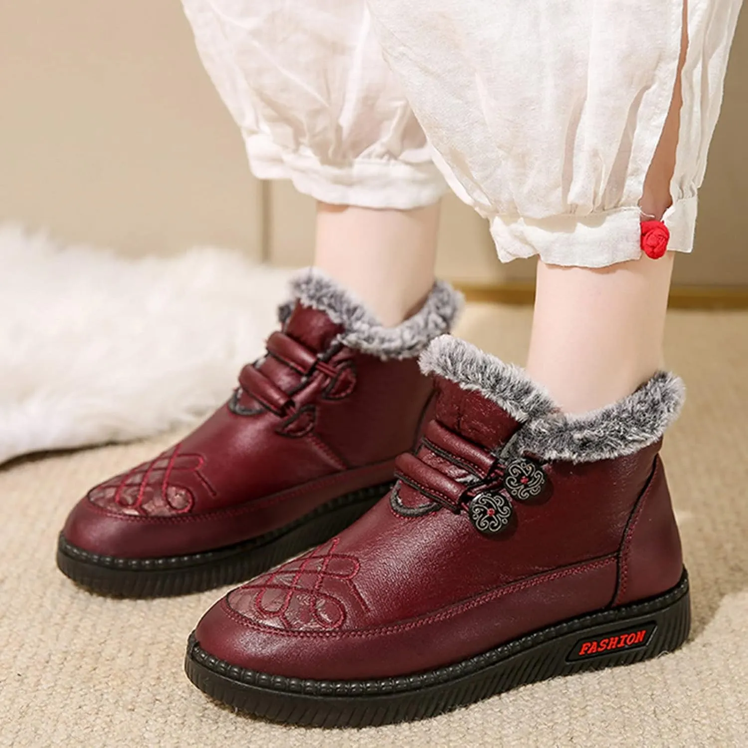 Women's Warm Flat Shoes Fur Lined Ankle Snow Boots Plush Womens Winter Boots Ankle Wide Width Boots Women Winter Fuzzy Winter Boots for Women Waterproof Botas Para Invierno Mujer Elegantes