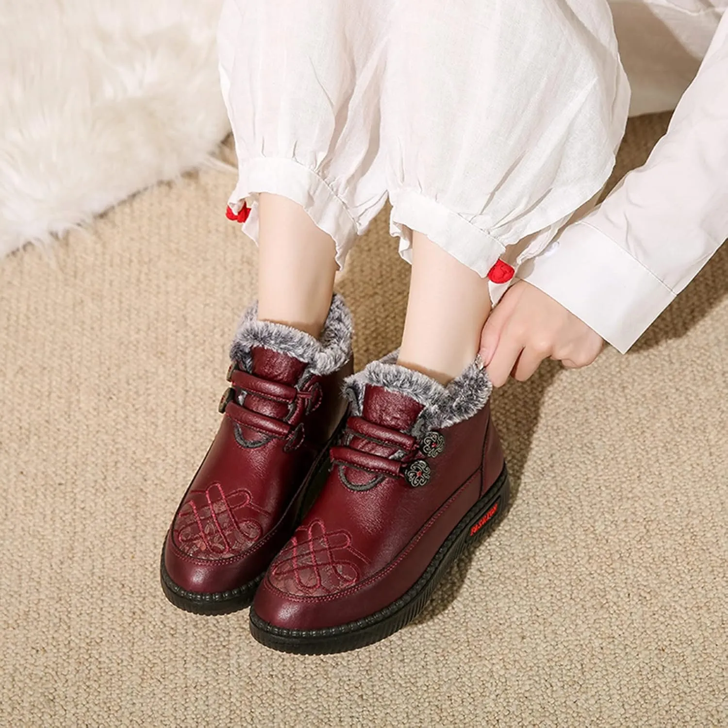 Women's Warm Flat Shoes Fur Lined Ankle Snow Boots Plush Womens Winter Boots Ankle Wide Width Boots Women Winter Fuzzy Winter Boots for Women Waterproof Botas Para Invierno Mujer Elegantes