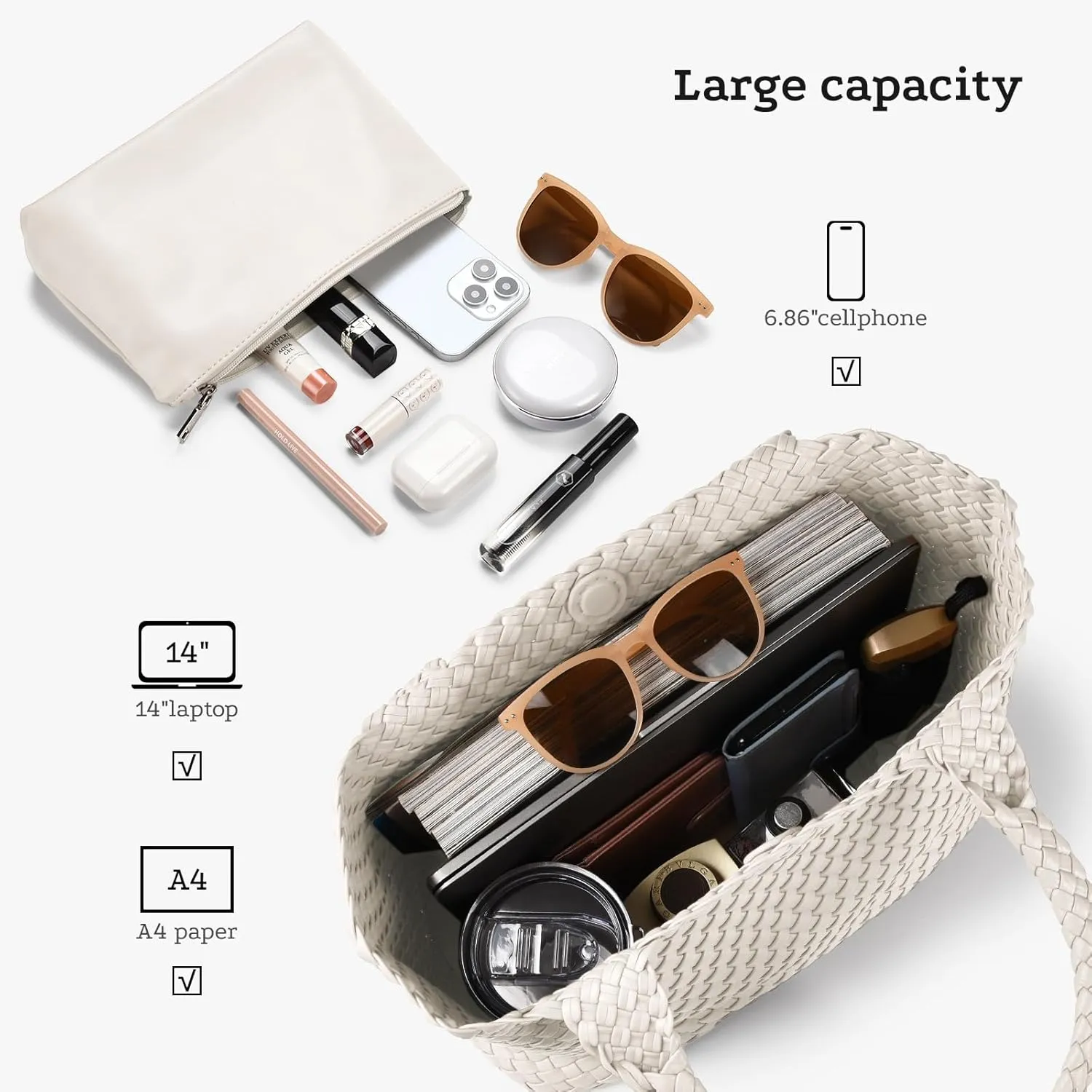 Woven tote Bag for Women, Large woven handbag Shoulder Bag Soft Vegan Leather with Inner Zipper Pouch