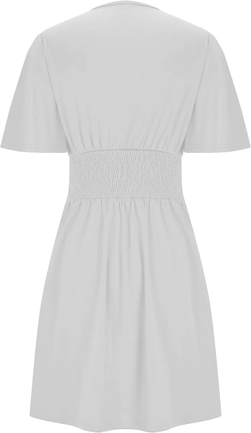 YRAETENM Wrap Dress for Women Summer Ruched a Line Mini Dress Casual Elegant Short Sleeve V Neck Swing Short Dress