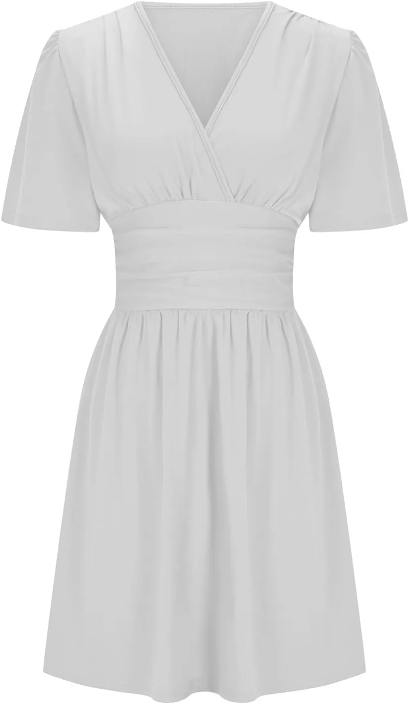 YRAETENM Wrap Dress for Women Summer Ruched a Line Mini Dress Casual Elegant Short Sleeve V Neck Swing Short Dress